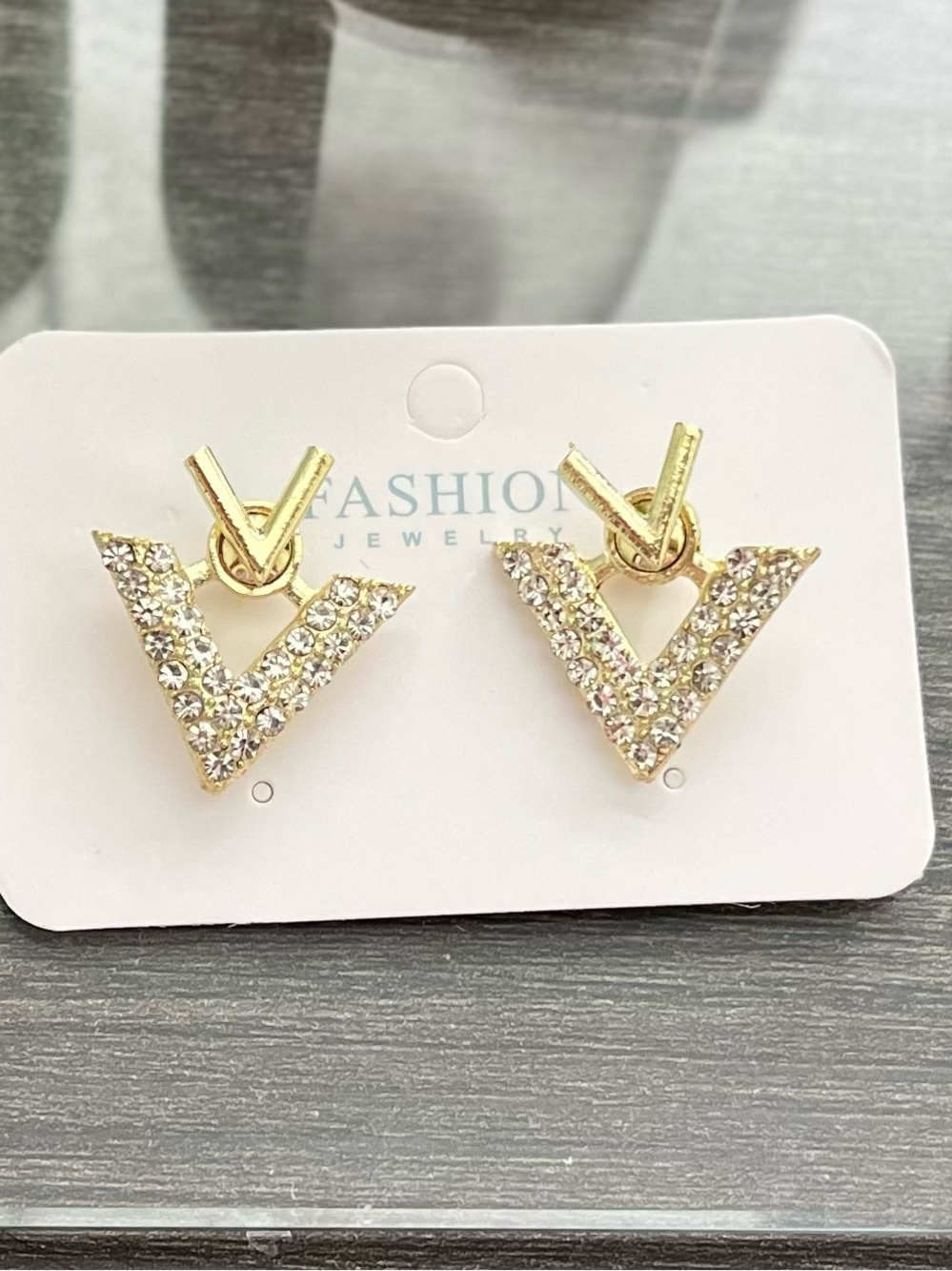 Gold Crystal V-Shaped Stud Earrings by Fashion Jewelry